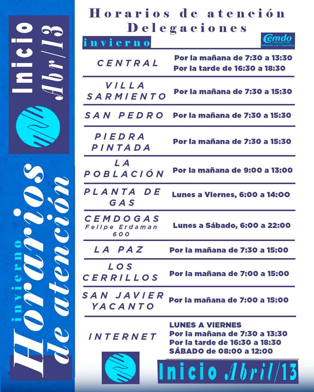 Horarios de Atencion de CEMDO en este invierno